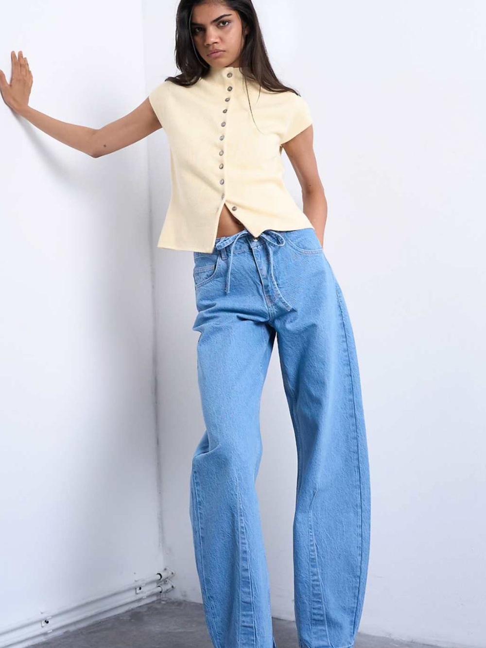 Topshop high rise tie belt barrel jean in bleach